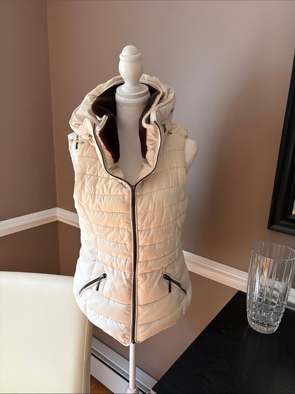 YMI Cream Quilted Hooded Puffer Vest